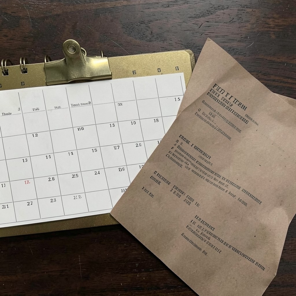 Calendrier et contrat de travail sur un bureau en bois sombre
