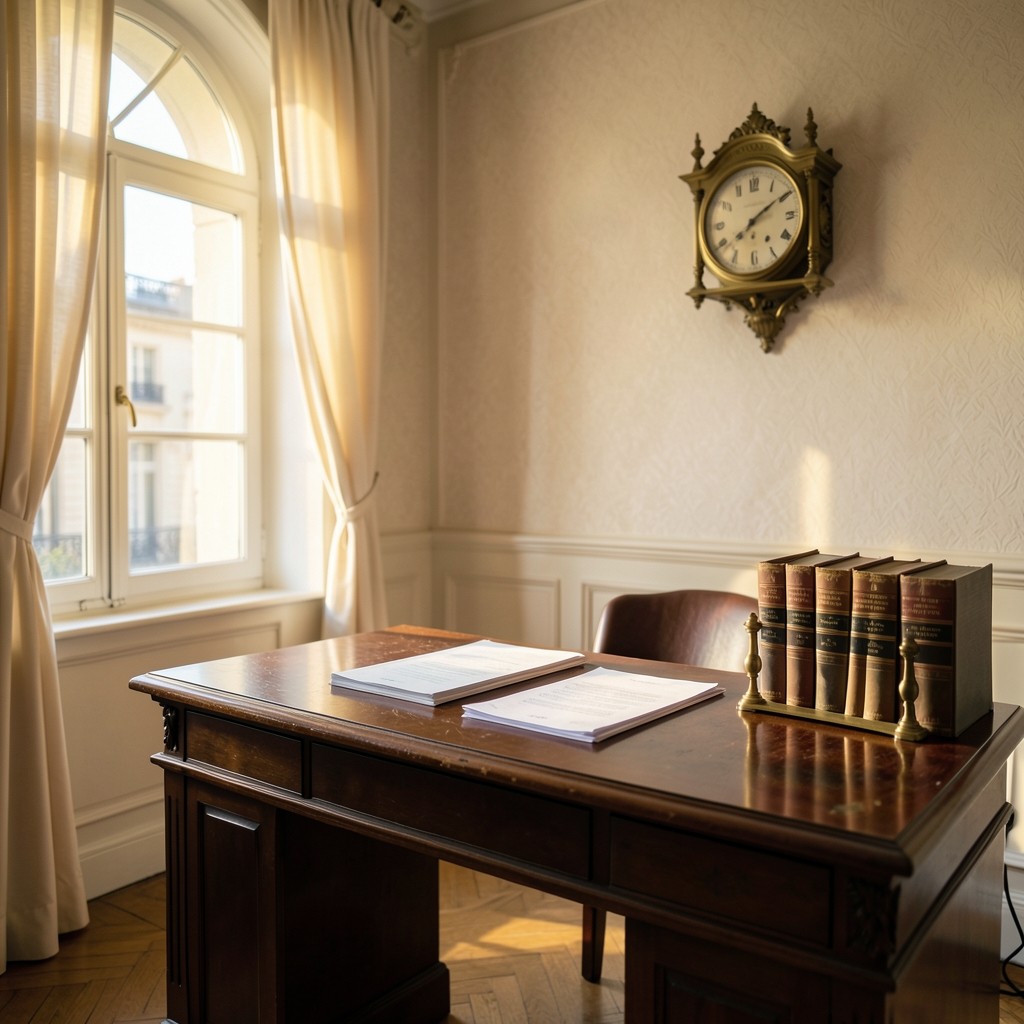 Cabinet de consultation avec horloge en laiton et documents de travail