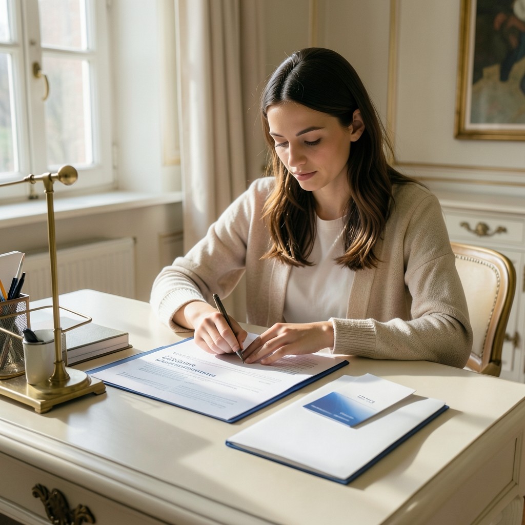 Jeune salariée préparant ses documents administratifs pour une première embauche